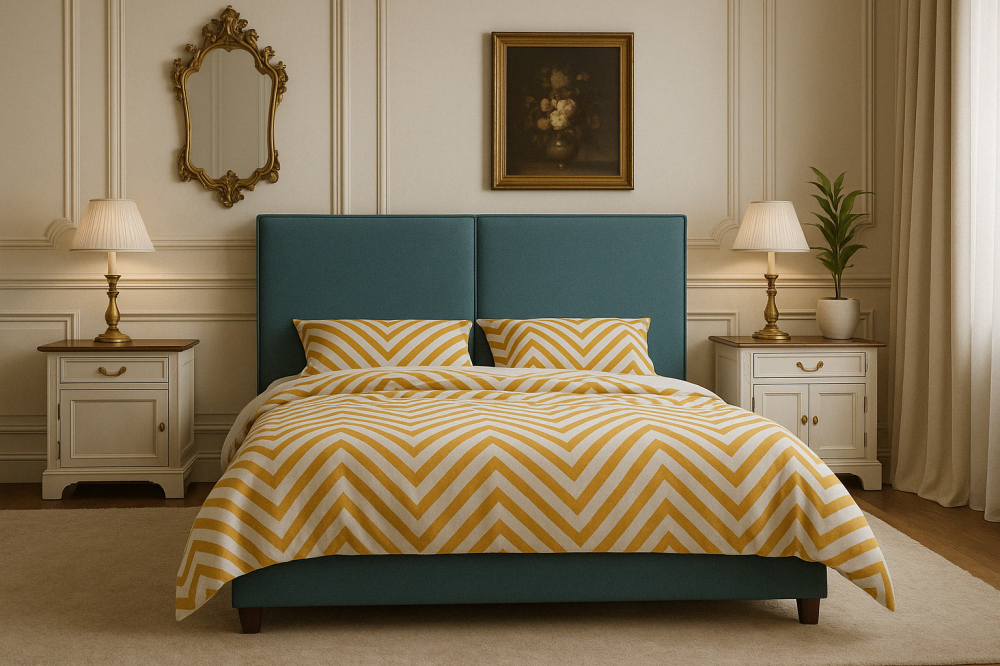 Łóżko tapicerowane Norba i elegancka sypialnia z musztardowym akcentem