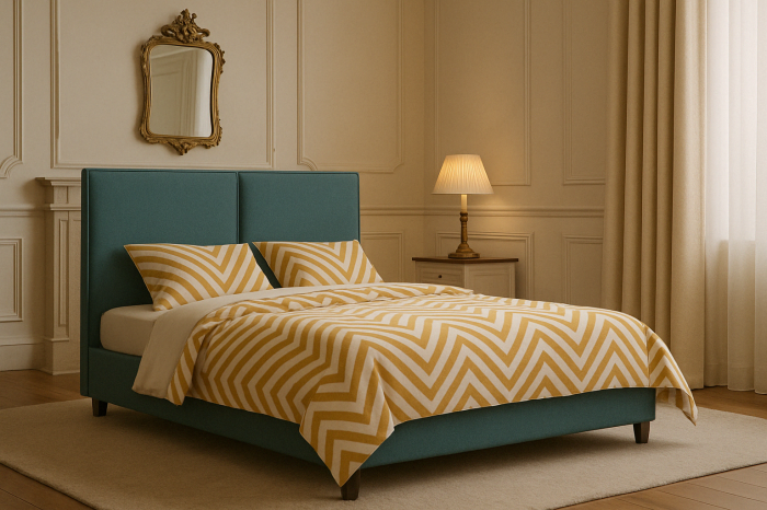 Łóżko tapicerowane Norba i przytulna sypialnia w ciepłych kolorach