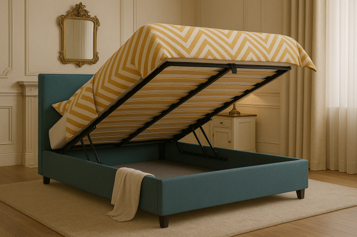 Przytulna sypialnia z Łóżko tapicerowane Norba z pojemnikiem na pościel