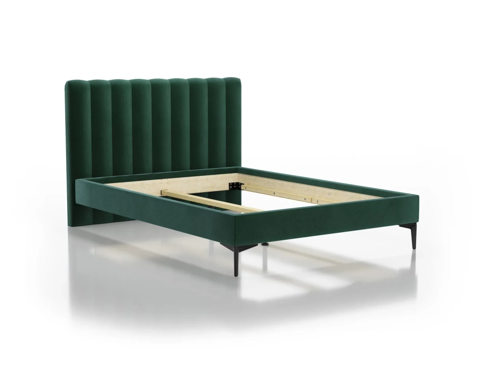 Łóżko 81240 tapicerowane w butelkowozielonym kolorze, z wysokim zagłówkiem w miękkie pionowe wałki i czarnymi nogami, bez materaca.
