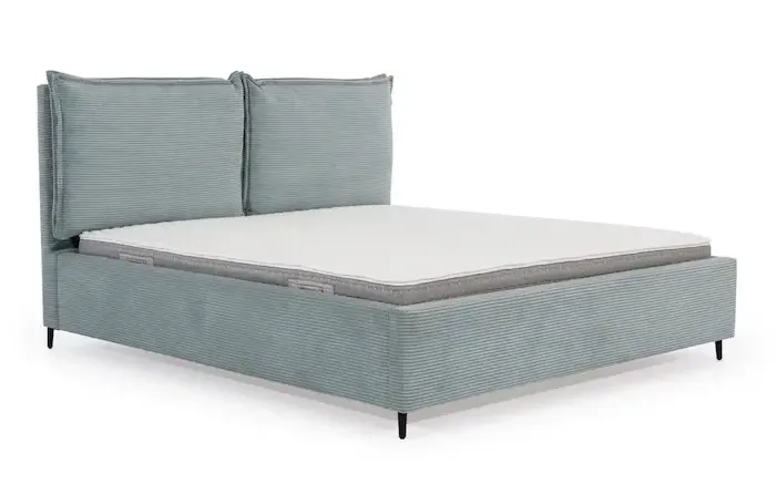 Łóżko tapicerowane Charlotte z materacem, prążkowane, w odcieniu miętowym, z poduszkowym zagłówkiem.