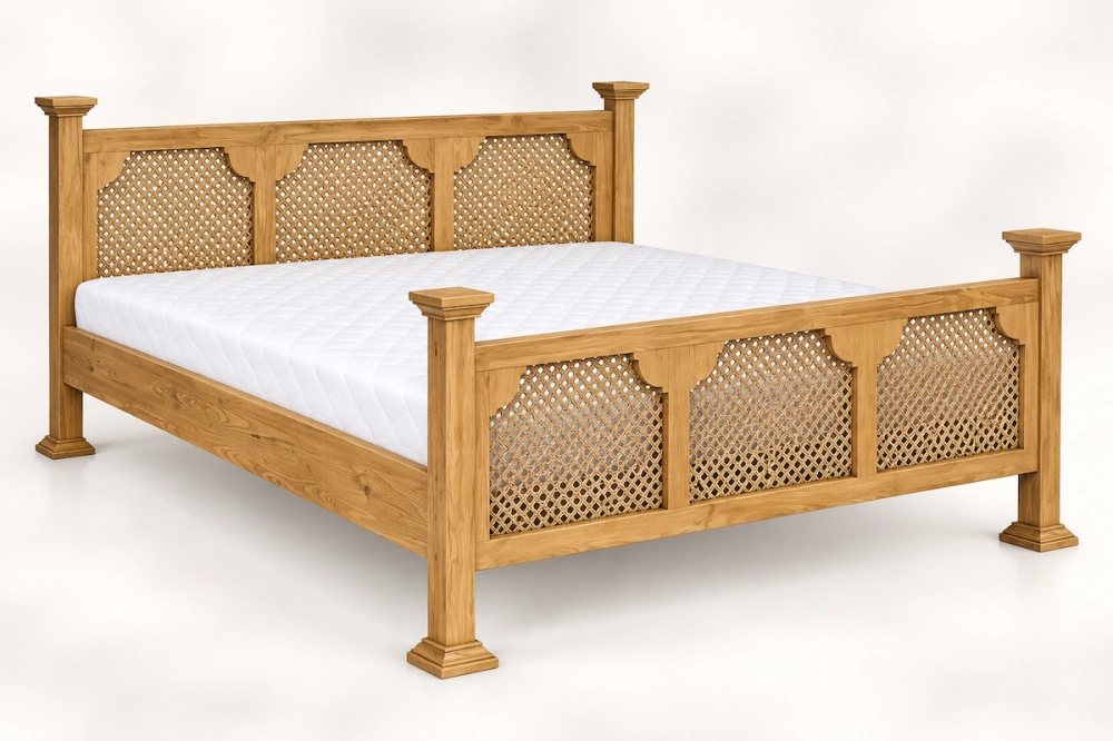 Eleganckie łóżko sosnowe Lk 705 z plecionką rattanową