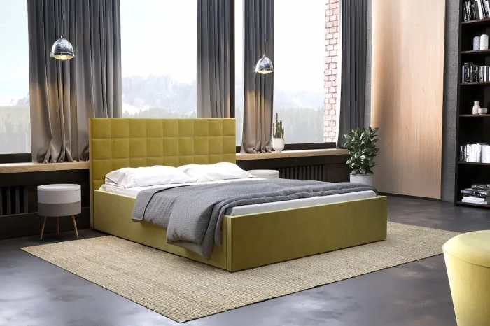 Łóżko 81231 M&K Foam Koło w żółtej aranżacji sypialni