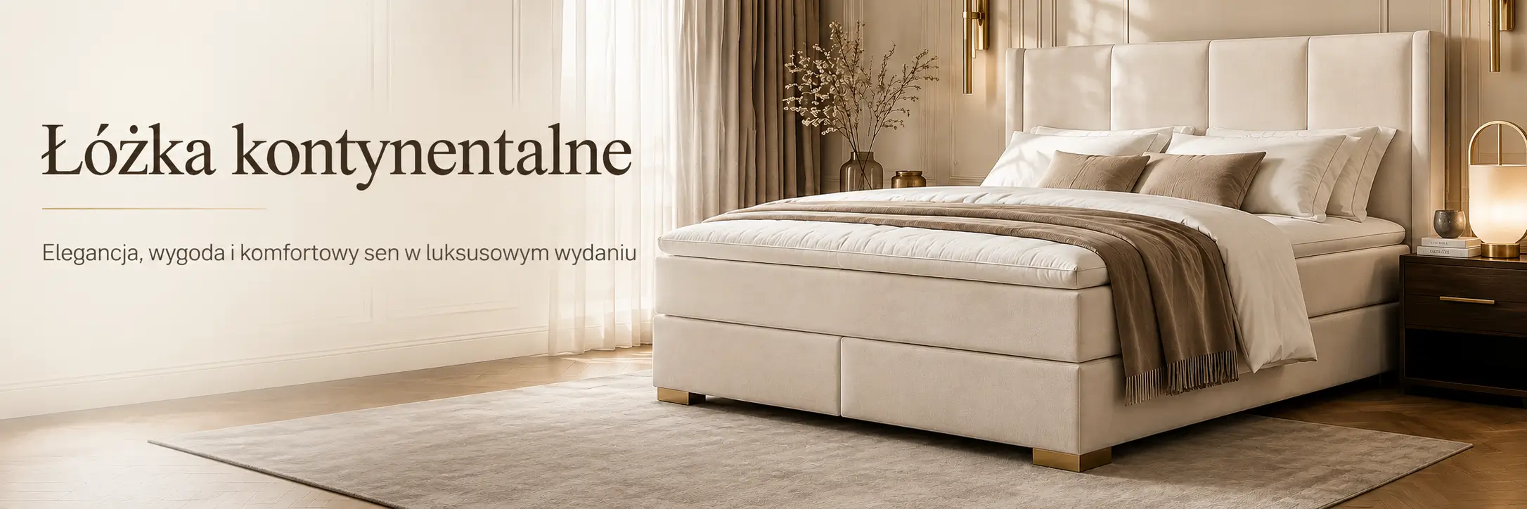 Łóżka kontynentalne do sypialni z wysokim tapicerowanym zagłówkiem