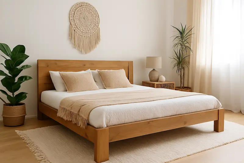 Łóżko drewniane w sypialni w stylu boho