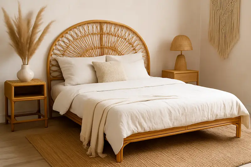 Łóżko rattanowe z plecionym zagłówkiem w stylu boho