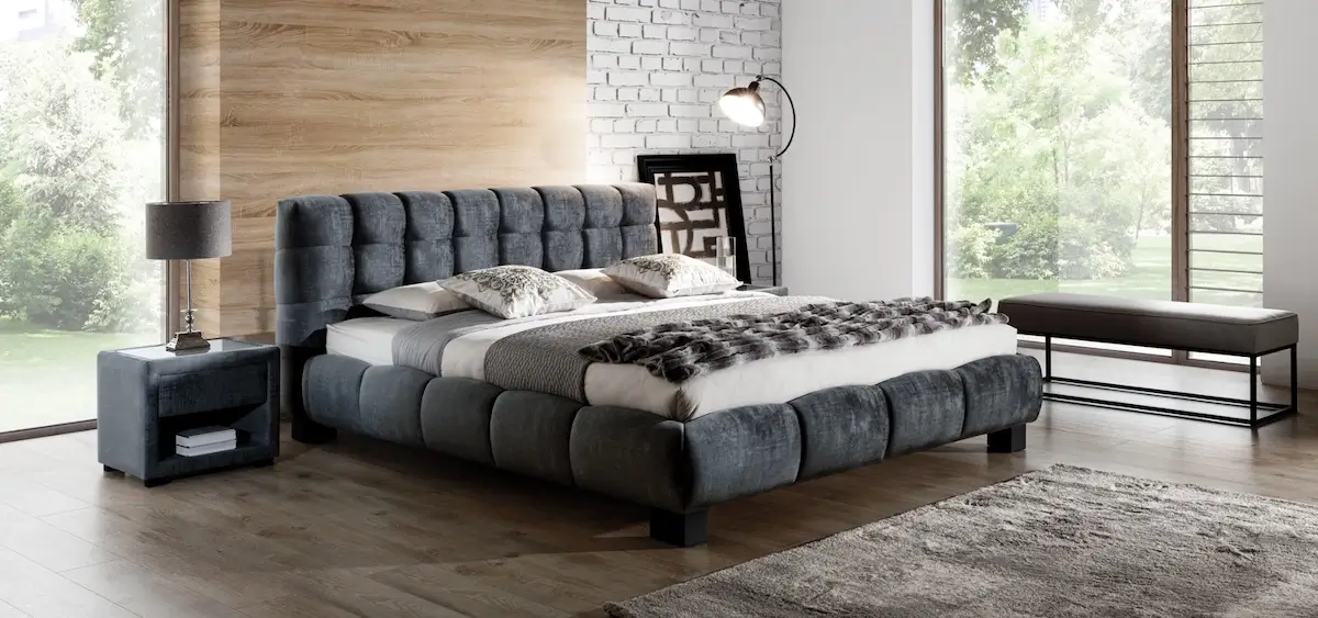 Łóżko tapicerowane Belly z głębokim pikowaniem w nowoczesnej sypialni