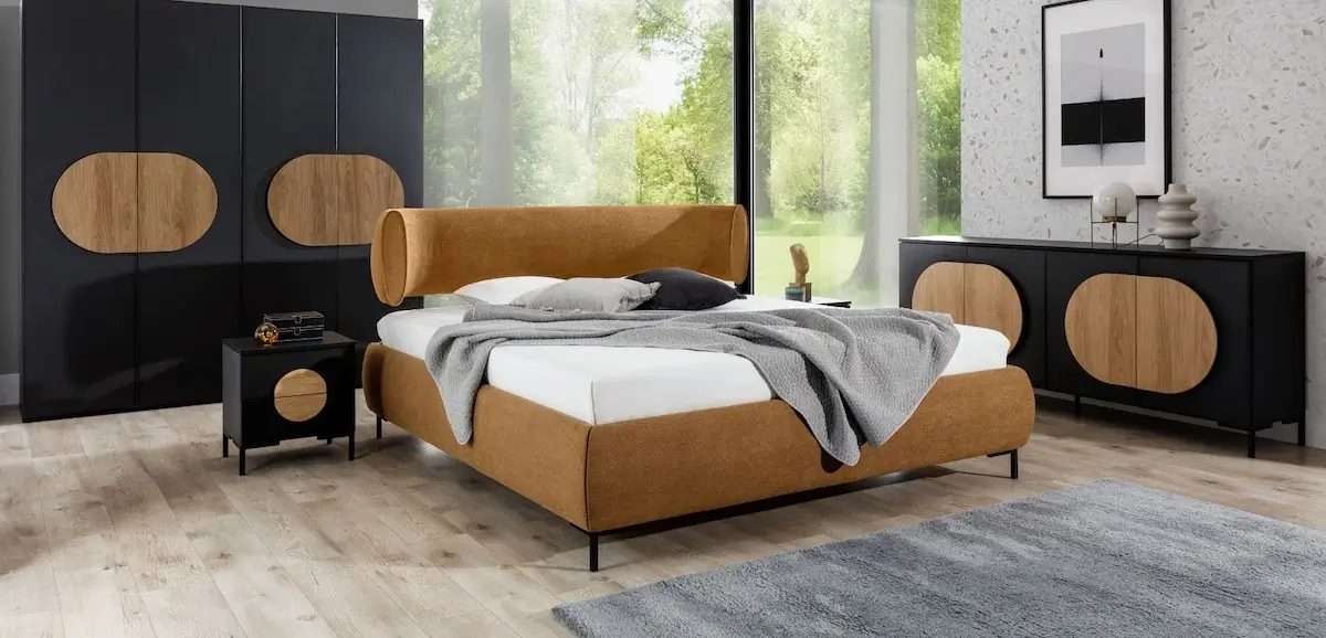 Nowoczesne łóżko tapicerowane OVALO w stylowej sypialni