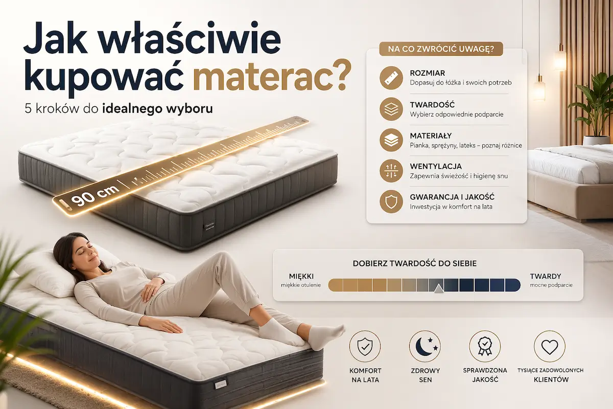 Nowoczesna infografika pokazująca, jak wybrać materac — rozmiar, twardość, materiały, wentylację i jakość, z wizualizacją materaca oraz osoby leżącej w pozycji testowej.