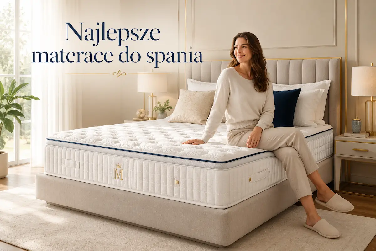 Materace do spania – kobieta siedząca na wygodnym materacu premium w eleganckiej sypialni