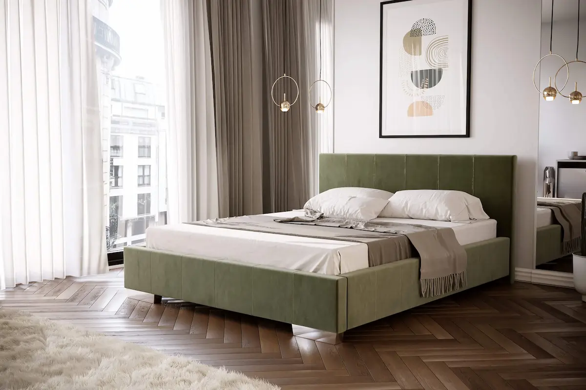 Zielone nowoczesne łóżko tapicerowane 80271 M&K Foam Koło w aranżacji sypialni