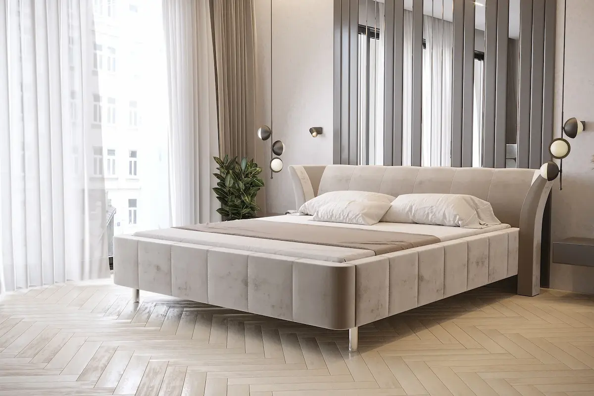 Beżowe eleganckie łóżko tapicerowane 80295 M&K Foam Koło w sypialni