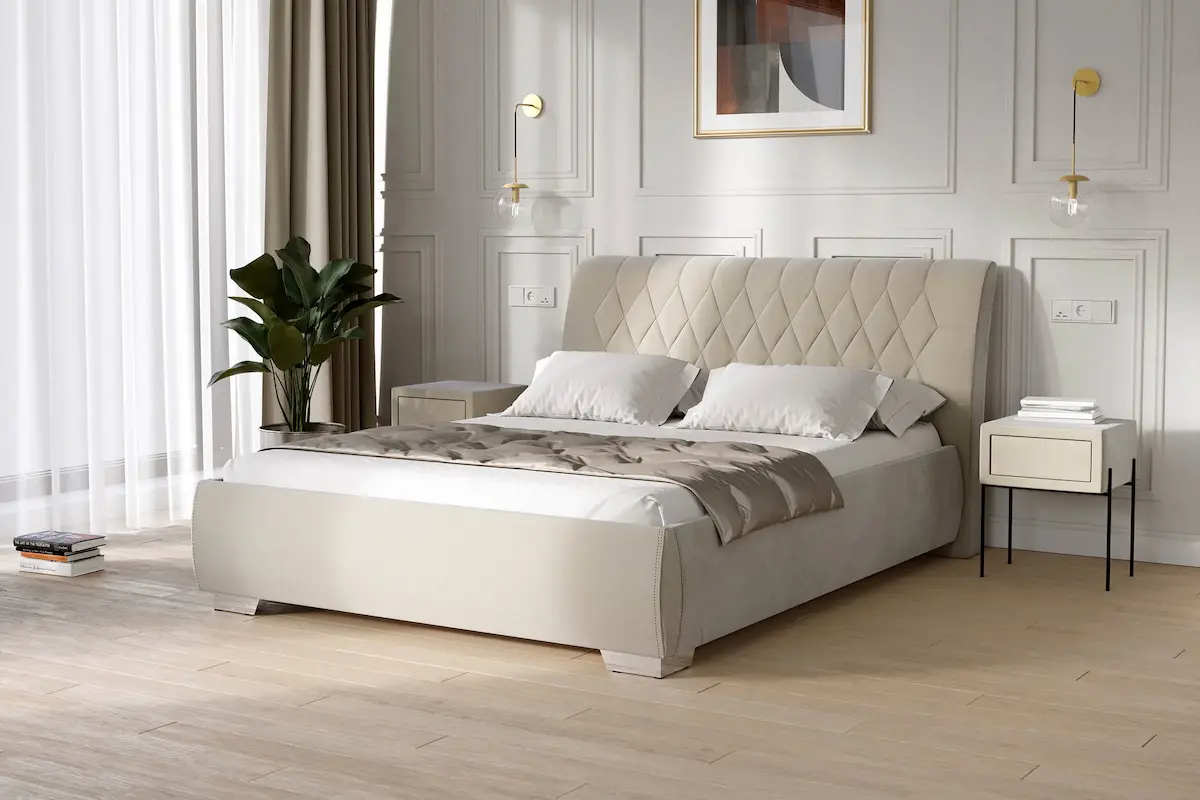 Beżowe eleganckie łóżko tapicerowane 81218 M&K Foam Koło w sypialni