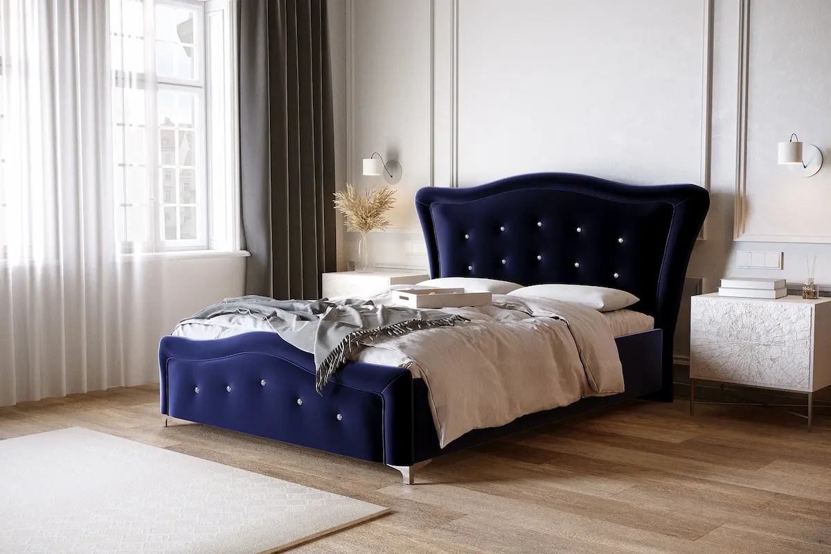 Granatowe eleganckie łóżko tapicerowane 81230 M&K Foam Koło w aranżacji sypialni