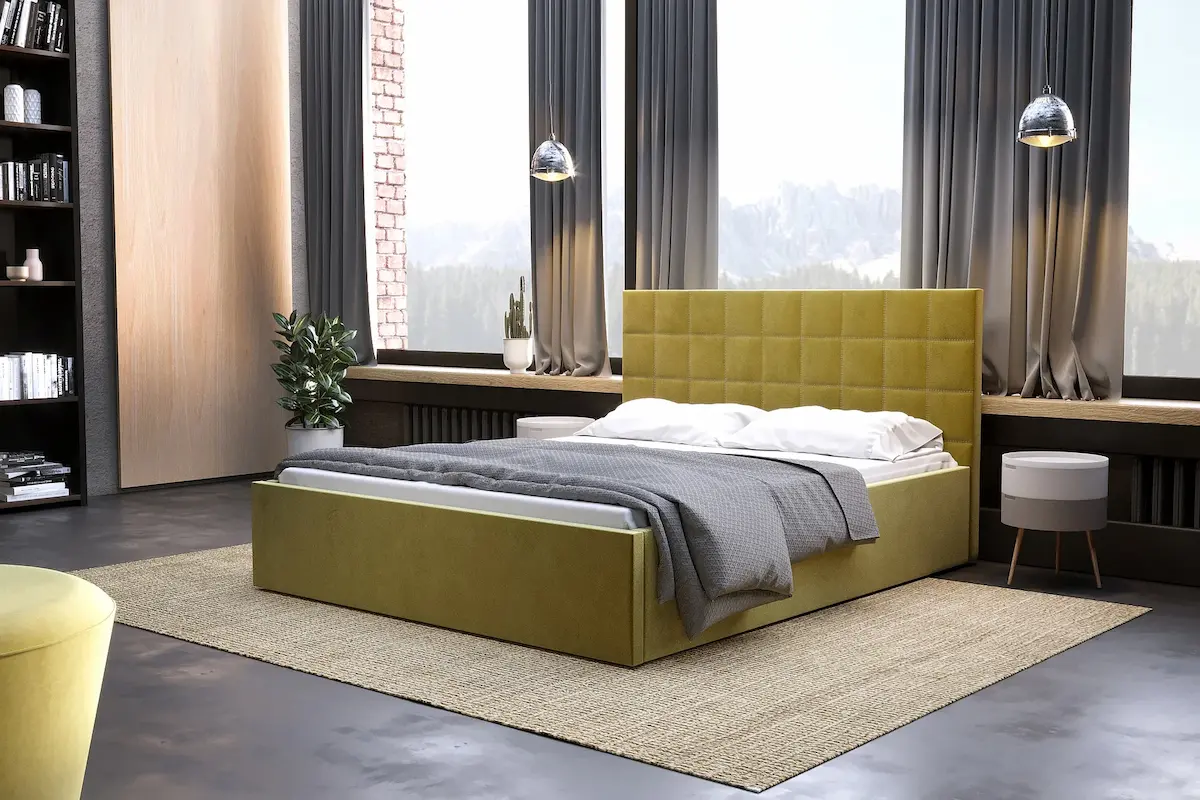 Żółte nowoczesne łóżko tapicerowane 81231 M&K Foam Koło w aranżacji sypialni