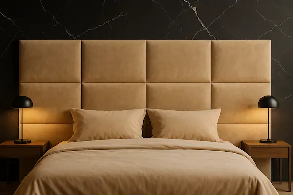 Klasyczne prostokątne panele tapicerowane jako zagłówek łóżka