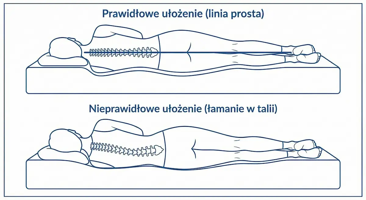 Schemat: kręgosłup w linii prostej na dobrze dobranym materacu vs wygięty na złym