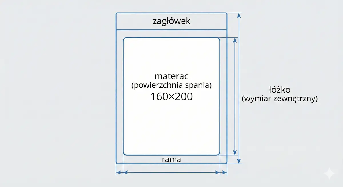 Schemat techniczny porównujący wymiar materaca 160x200 cm (powierzchnia spania) z całkowitym wymiarem zewnętrznym łóżka. Grafika pokazuje rzut z góry uwzględniający grubość ramy oraz zagłówka.