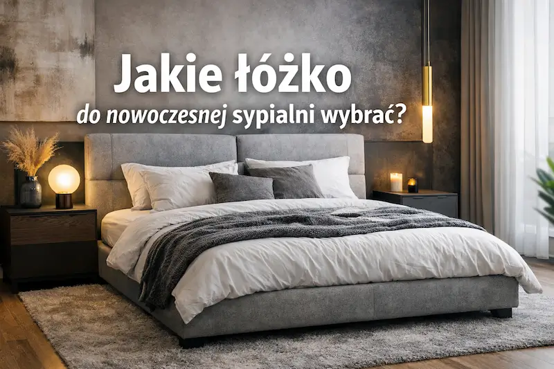 Nowoczesne łóżko tapicerowane w eleganckiej sypialni z napisem „Jakie łóżko do nowoczesnej sypialni wybrać?