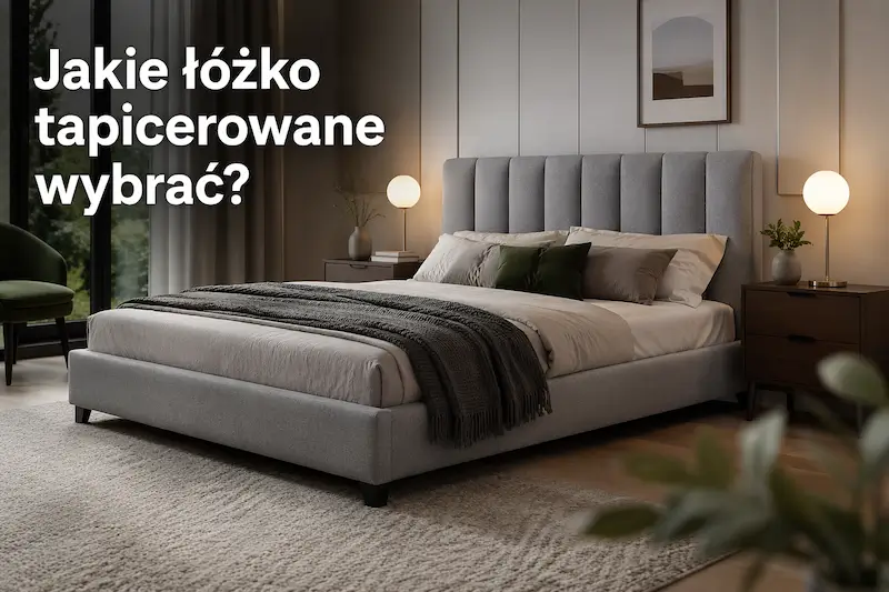Nowoczesna sypialnia z szarym łóżkiem tapicerowanym i napisem „Jakie łóżko tapicerowane wybrać?