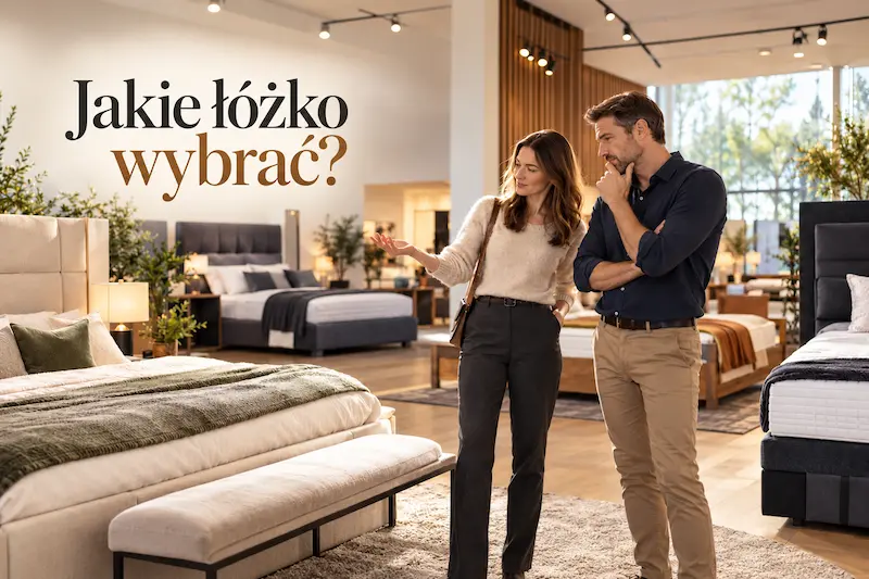 Jakie łóżko do sypialni wybrać? Para porównuje łóżka tapicerowane i kontynentalne w salonie meblowym.